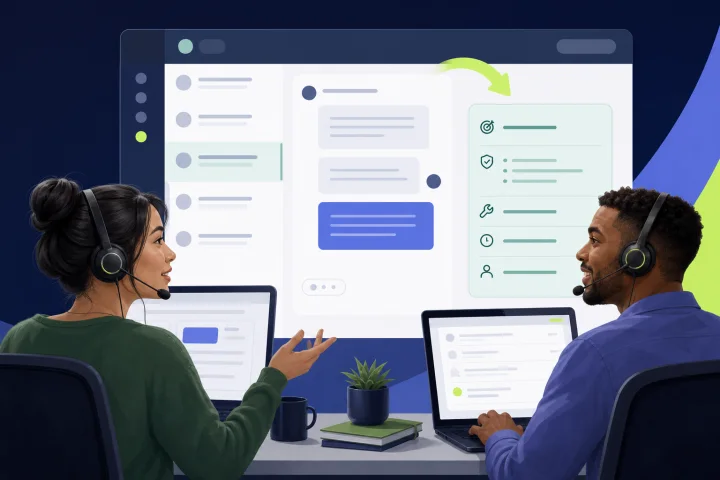Support operator reviewing a structured internal transfer note before taking ownership of a customer conversation