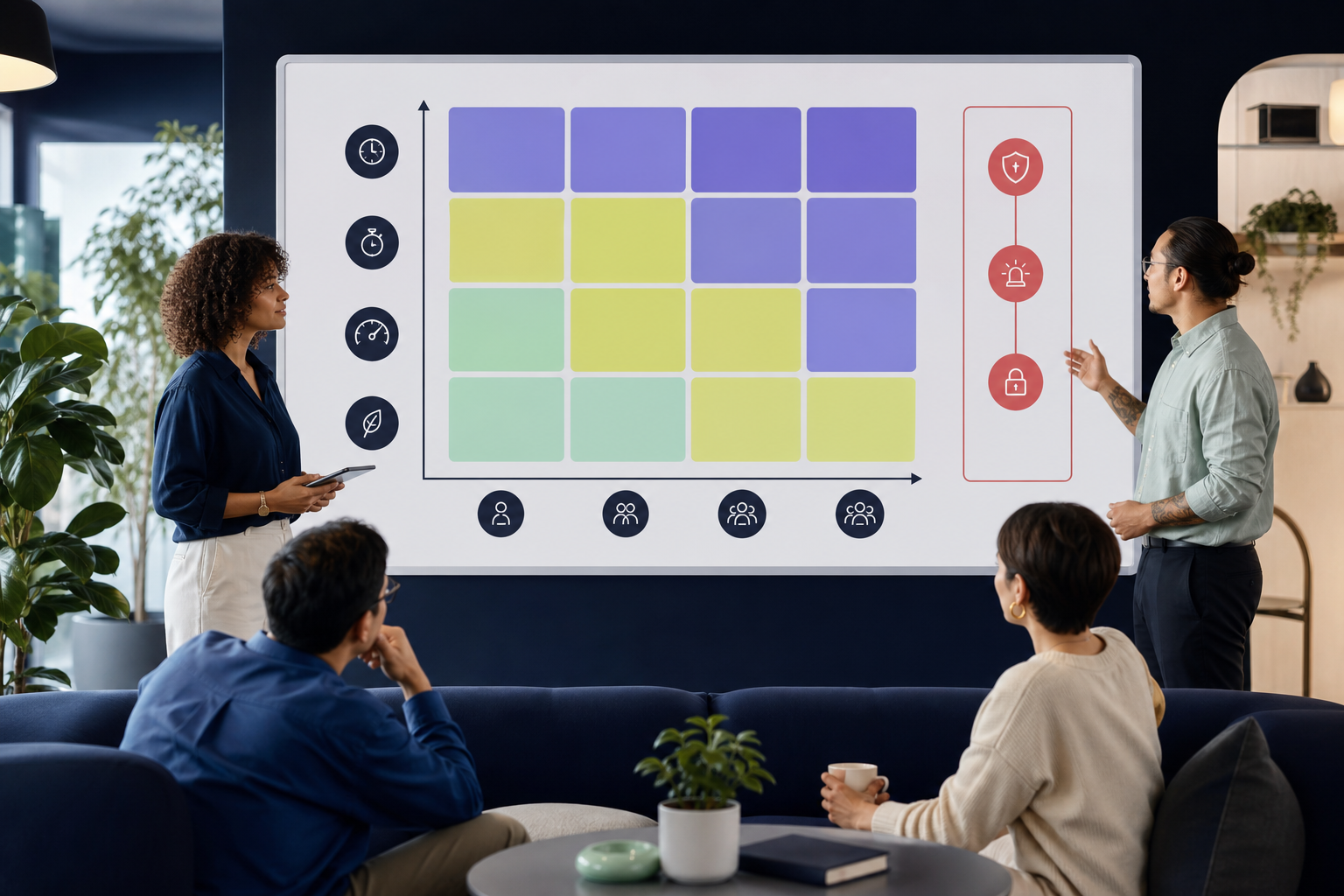 Support team reviewing a risk-based customer support priority matrix