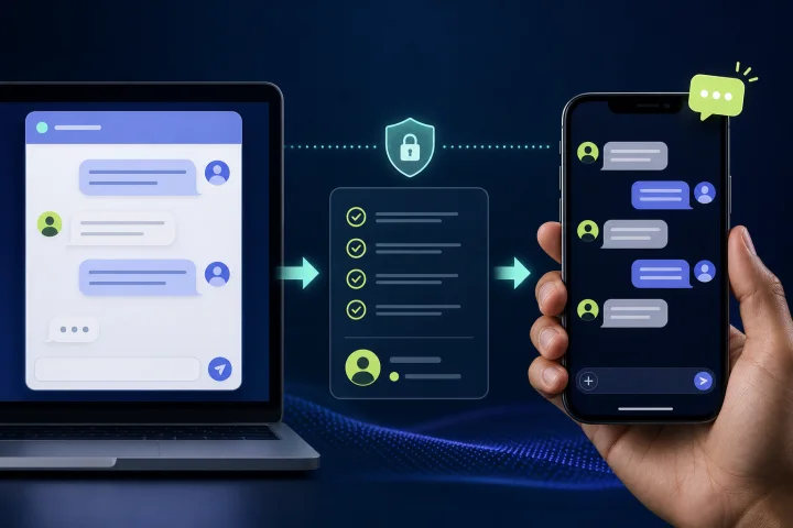 Support operator reviewing a documented handoff between web chat and WhatsApp