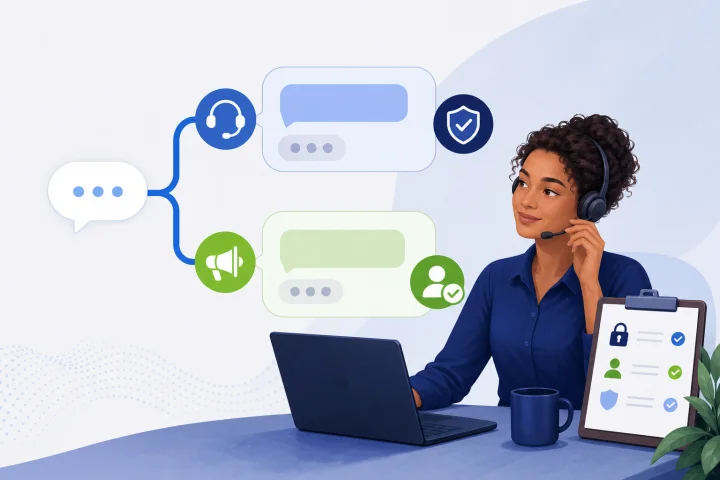 Customer support team reviewing separate service-message and marketing-consent workflows