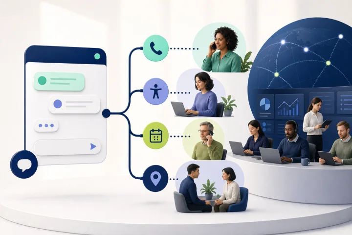 Customer support journey showing embedded WebChat leading to accessible phone, form and callback fallback routes