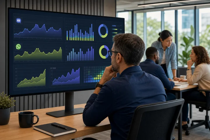 Support operations manager reviewing interval demand, queue aging and staffing coverage for WebChat and WhatsApp