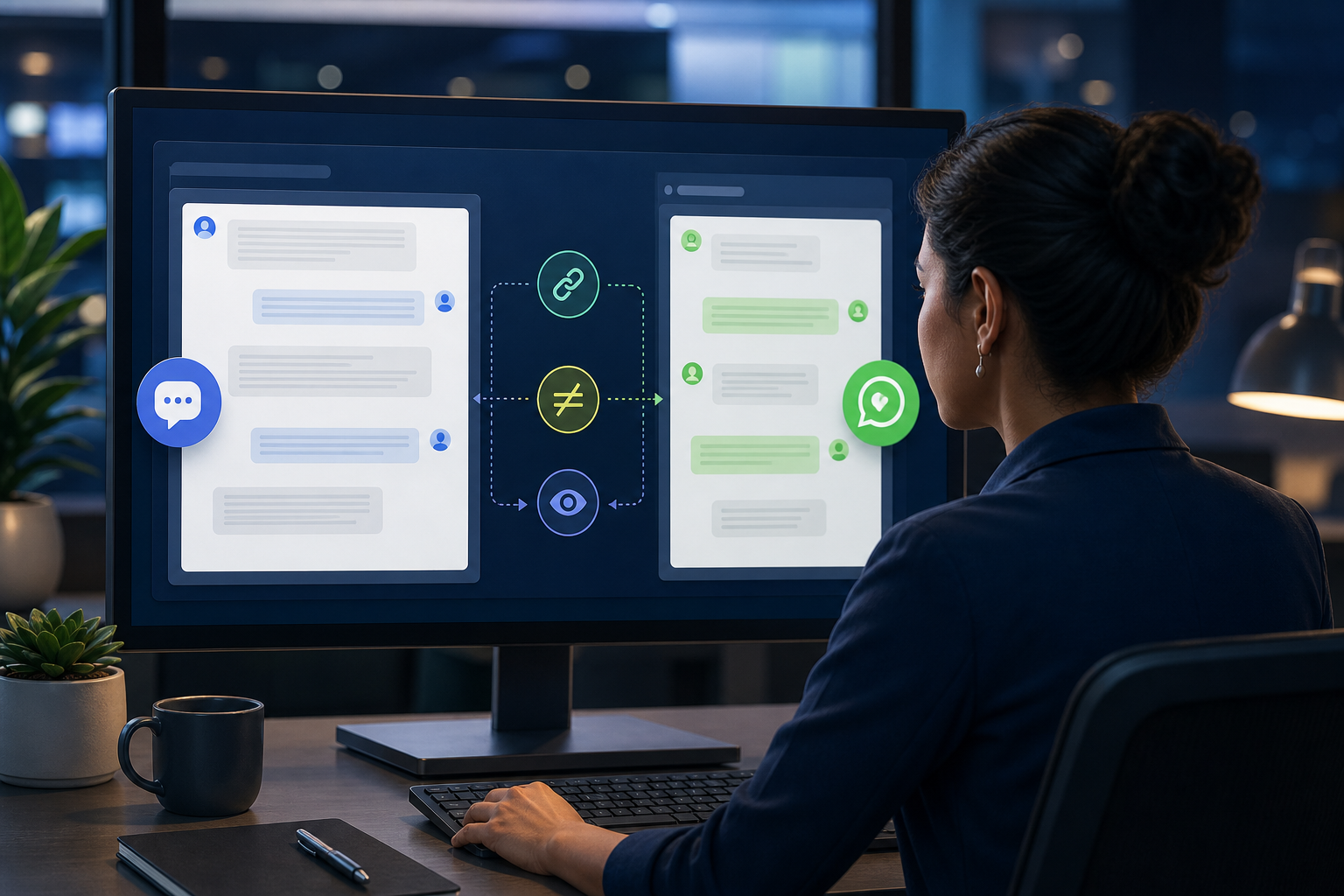 Support operator reviewing two related customer conversations before deciding whether to link or separate them