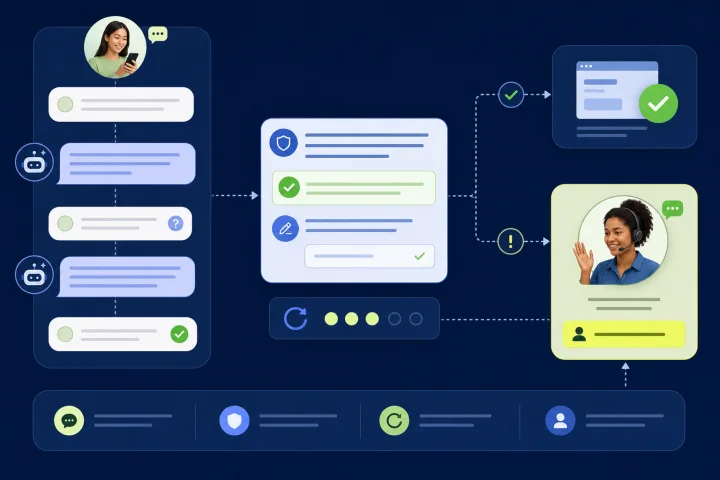 Customer support chat flow showing clear validation feedback, saved answers, and a human help option