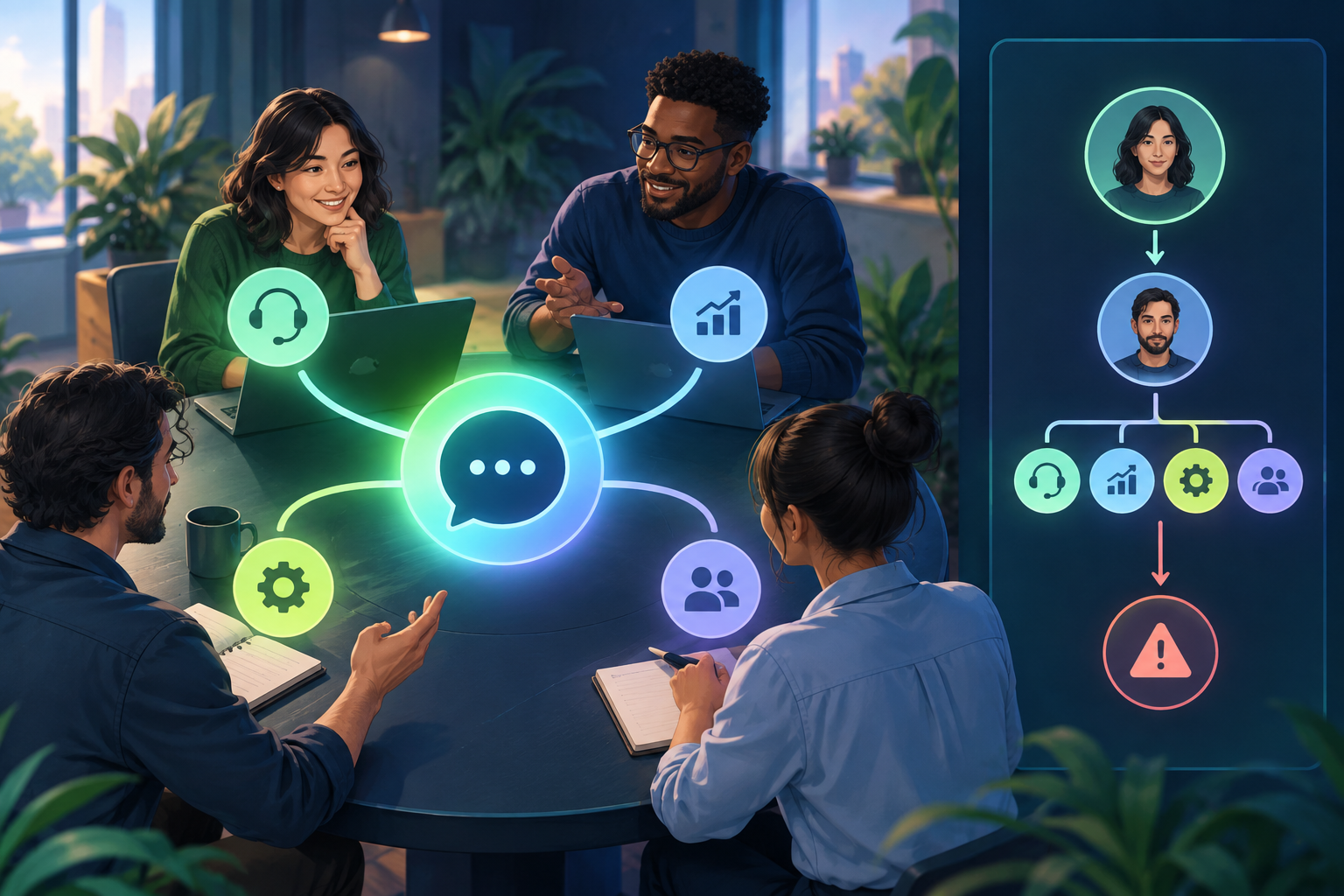 Support, sales and operations teams reviewing a customer communication channel ownership matrix