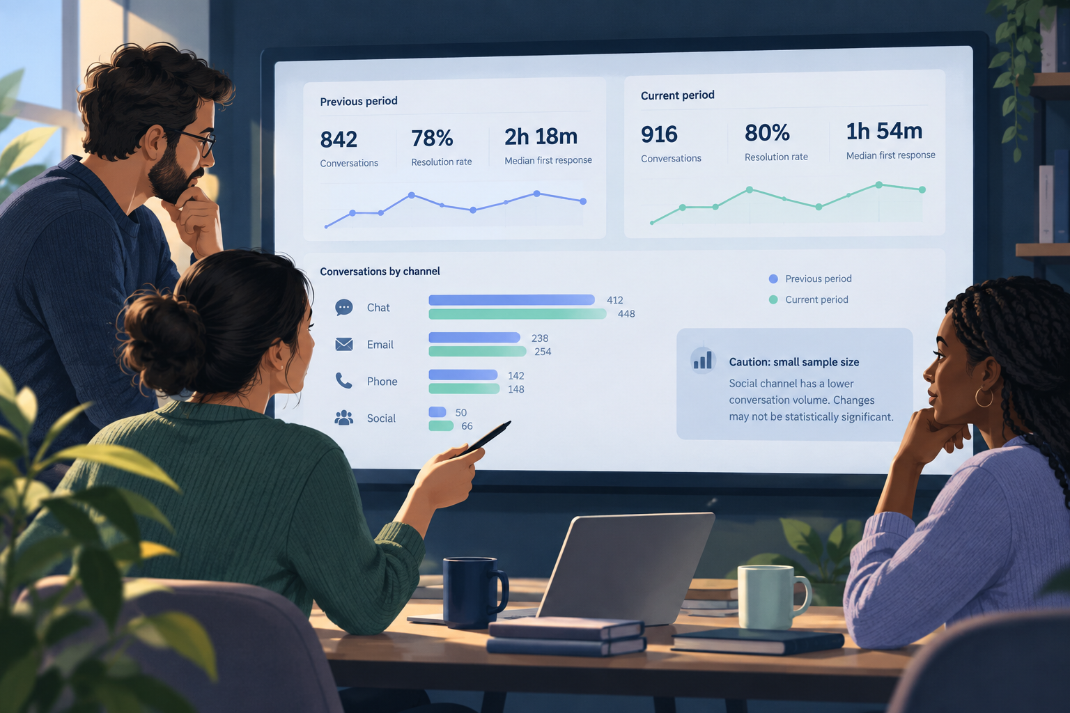 Support operations team comparing messaging metrics across two reporting periods