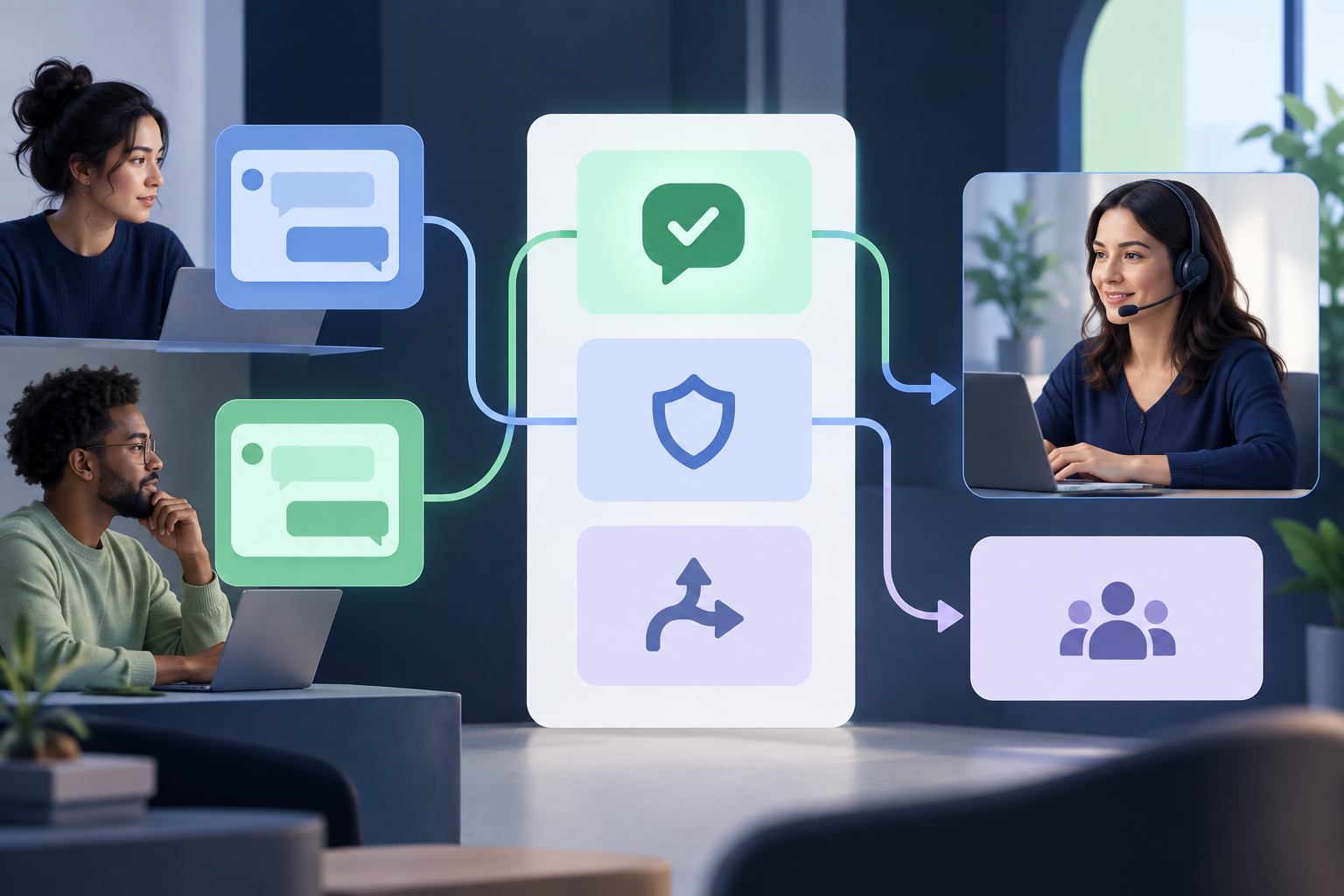 Equipa de suporte a analisar uma matriz de decisão sobre os limites do serviço no WebChat e no WhatsApp