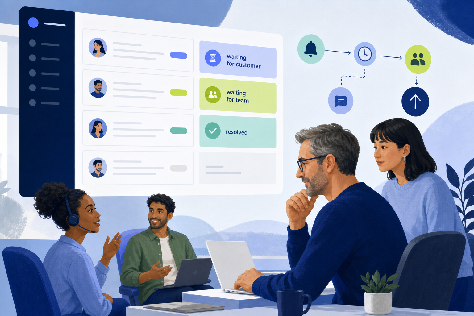 Support manager reviewing chat statuses, reminder rules and escalation paths in a shared inbox