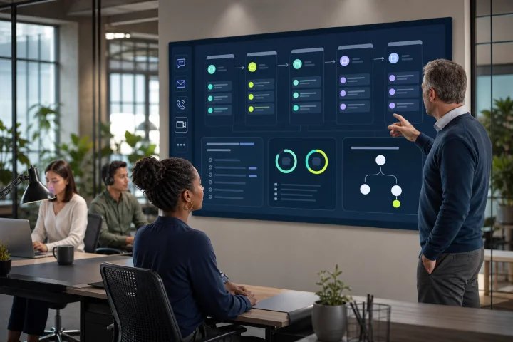 Support operations manager reviewing a shared inbox queue with ownership and escalation stages