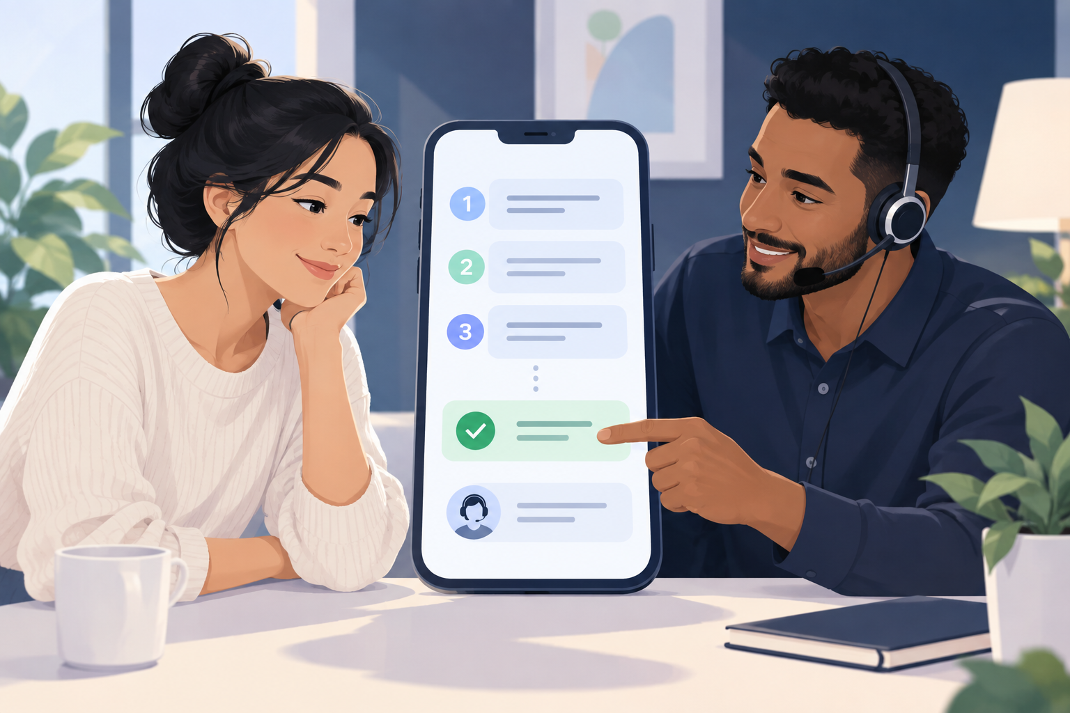 Un agent d’assistance guide un client à travers une séquence numérotée de consignes dans le chat