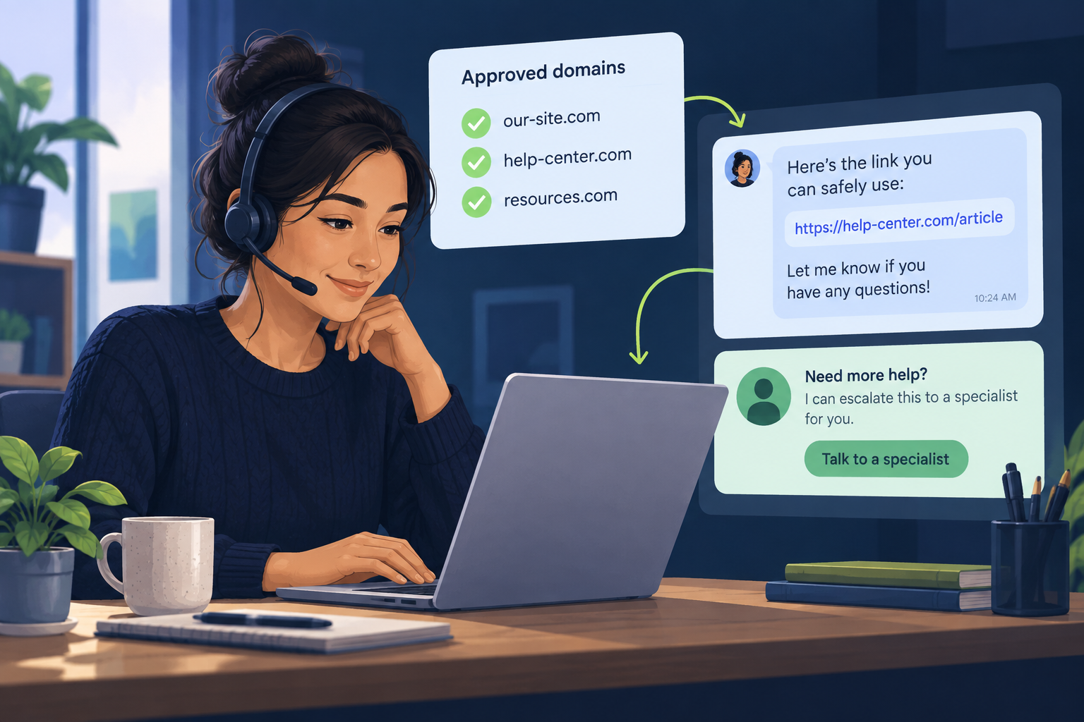 Support operator checking a customer link against an approved-domain checklist
