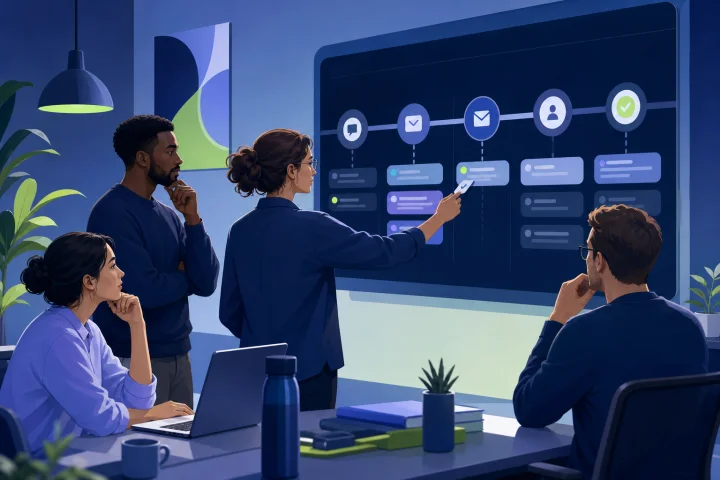 Support manager reviewing a long-running customer case with scheduled update checkpoints