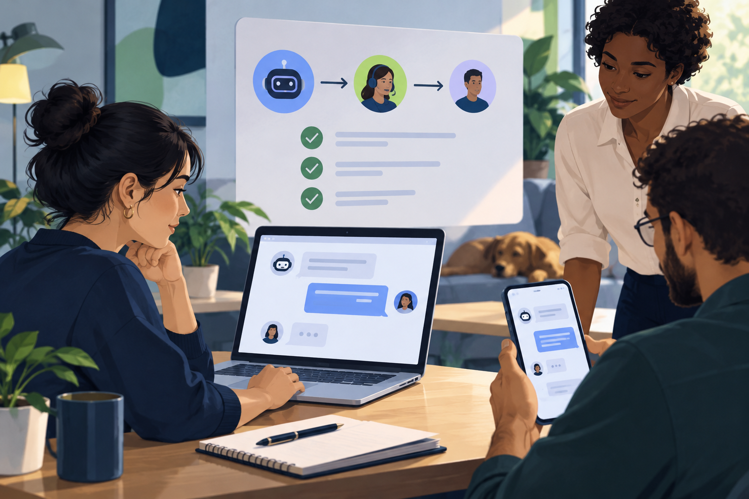 Supportteam prüft eine WebChat-Checkliste für den Start und eine Testkonversation