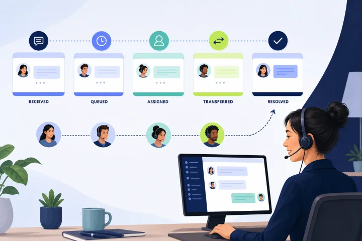 Support conversation showing clear queue, transfer and human escalation status messages